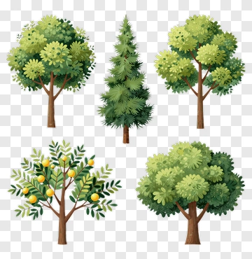 Five Types Of Trees With Leaves And Fruit PNG