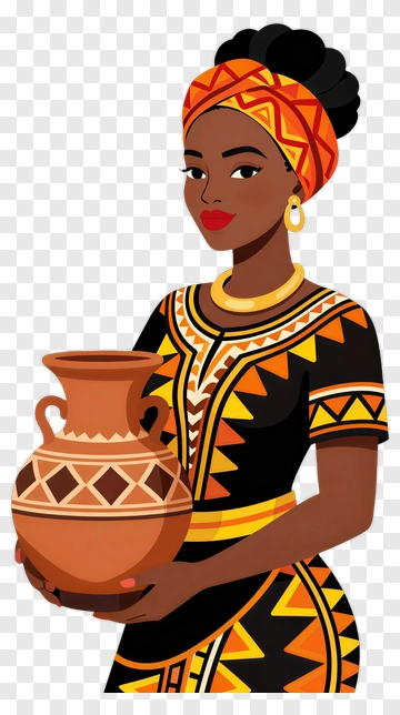 African Woman Holding Ceramic Pot PNG