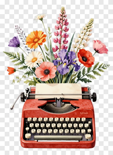 Red Typewriter With Floral Arrangement PNG