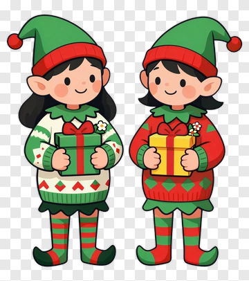Two Elves Holding Gifts PNG