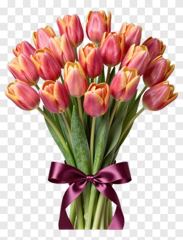 Pink And Orange Tulip Bouquet With Purple Ribbon PNG