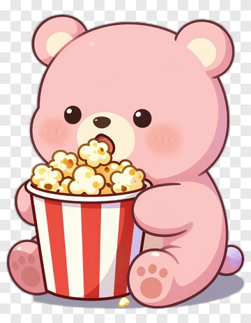 Pink Bear Eating Popcorn PNG