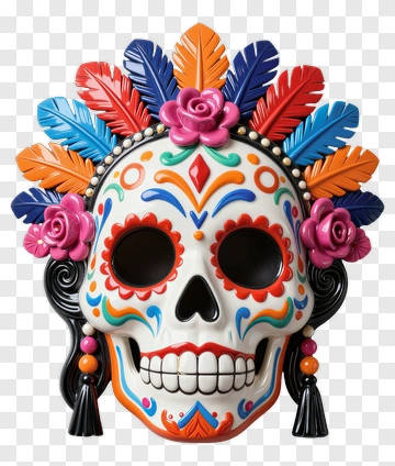 Colorful Sugar Skull With Feathers And Roses PNG