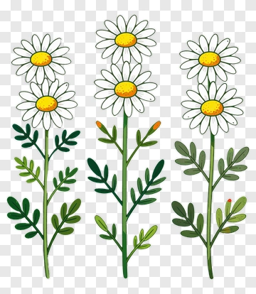 Three Daisy Flowers With Green Leaves PNG