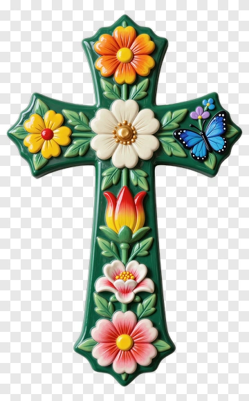 Decorative Cross With Flowers And Butterfly PNG