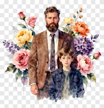 Father And Son With Floral Bouquet PNG
