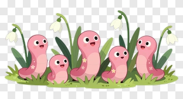 Pink Worm Family In Spring Garden PNG