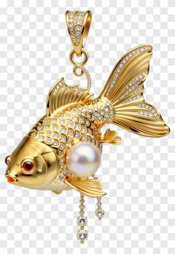 Gold Fish Pendant With Diamond And Pearl PNG