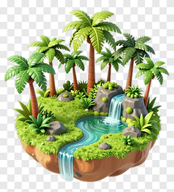 Floating Island With Waterfall And Palm Trees PNG
