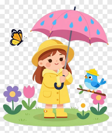 Girl With Pink Umbrella In Raincoat PNG
