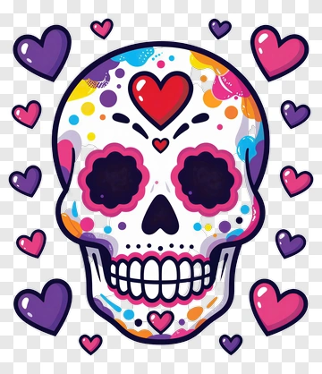 Colorful Skull With Heart Decorations PNG