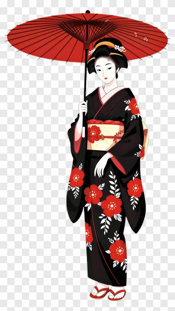 Geisha In Traditional Kimono With Red Umbrella PNG