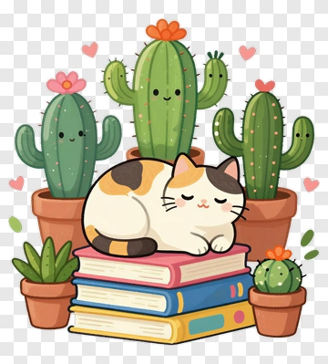 Cute Cat Sleeping On Books With Cactus PNG