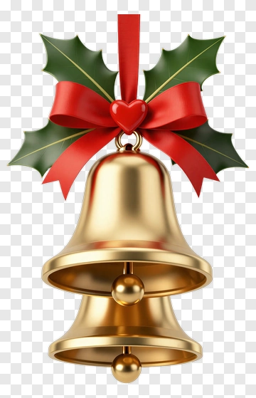 Golden Christmas Bells With Holly And Ribbon PNG