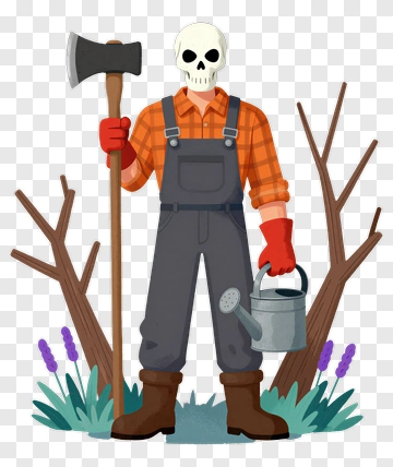 Skull Gardener With Axe And Watering Can PNG