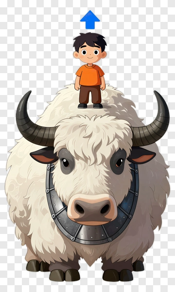 Boy Standing On Yak With Arrow Above PNG