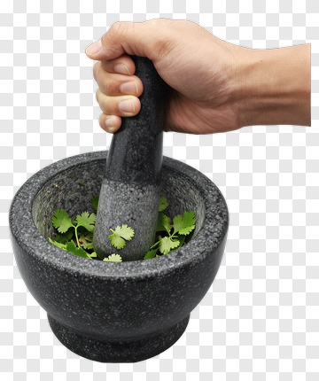 Hand Grinding Cilantro In Mortar And Pestle PNG