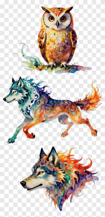 Colorful Owl And Wolves PNG