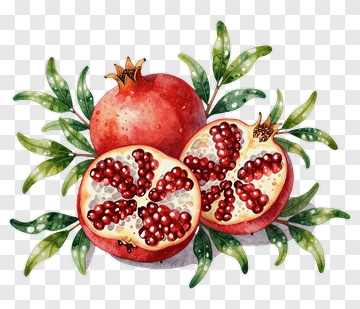 Fresh Pomegranate With Seeds And Leaves PNG