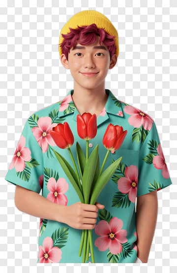 Young Man Holding Red Tulips PNG