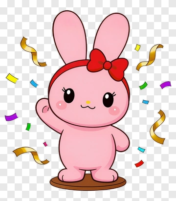 Pink Rabbit Waving With Red Bow PNG