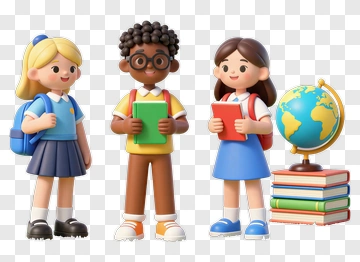 Three Students With Globe And Books PNG