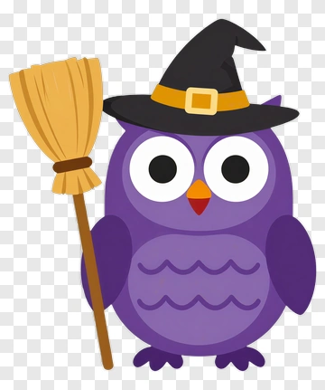 Purple Owl Witch Holding Broom PNG