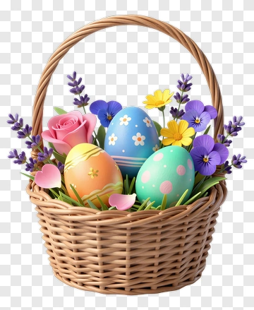 Easter Basket With Decorative Eggs And Flowers PNG