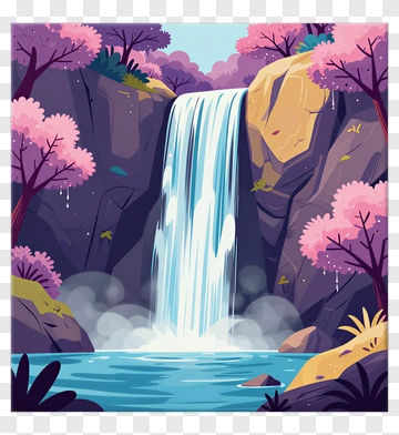 Cartoon Waterfall With Pink Trees PNG