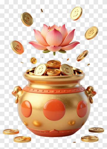 Lotus Flower With Golden Coins Overflowing PNG