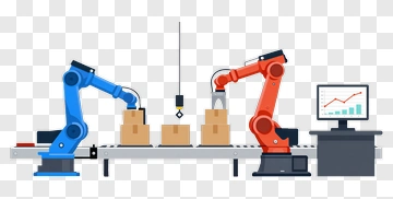 Blue And Red Robot Arms On Conveyor Belt PNG