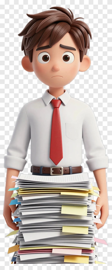 Young Office Worker With Stack Of Papers PNG