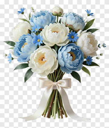 Blue And White Flower Bouquet With Ribbon PNG