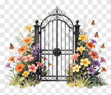 Garden Gate With Flowers And Butterflies PNG