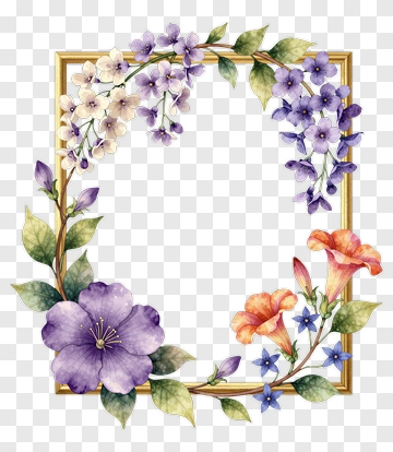 Watercolor Flower Frame With Purple And Orange Blooms PNG