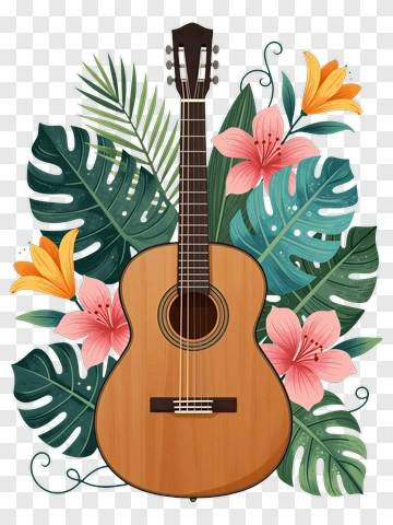 Acoustic Guitar With Tropical Flowers PNG