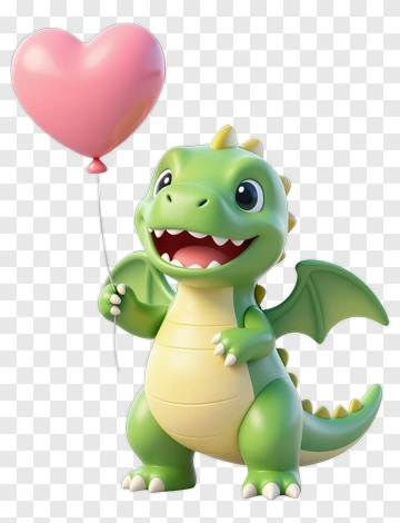 Cute Green Dragon Holding Heart Balloon PNG