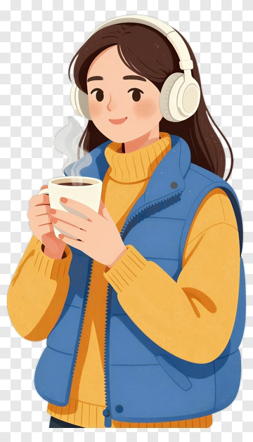 Woman With Headphones Holding Coffee PNG