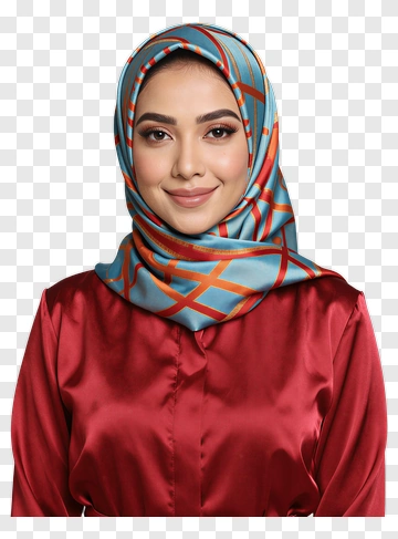 Woman Wearing Patterned Hijab And Red Shirt PNG
