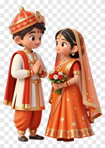Cartoon Couple In Traditional Wedding Attire PNG