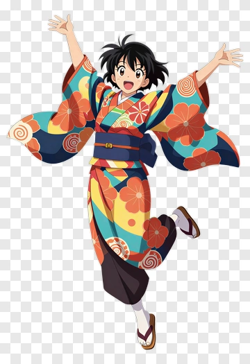 Anime Girl In Colorful Kimono Jumping PNG