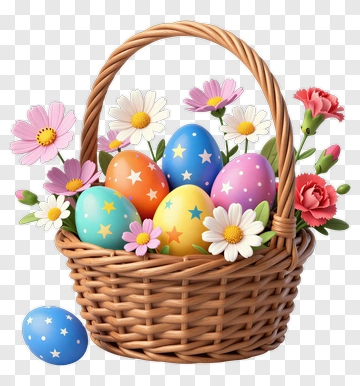 Easter Basket With Colorful Eggs And Flowers PNG