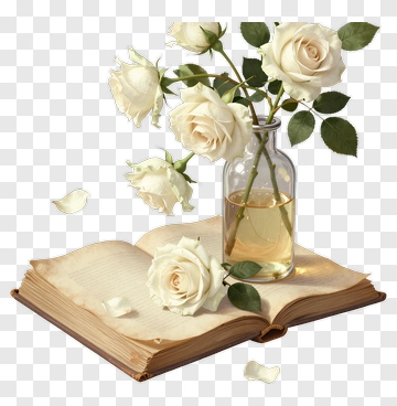 White Roses In Vintage Vase On Book PNG