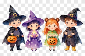 Four Children In Halloween Costumes PNG