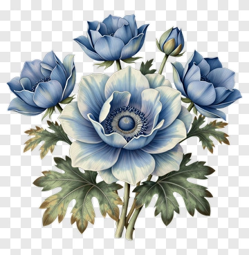 Blue Anemone Bouquet With Green Leaves PNG