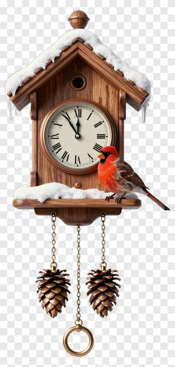 Wooden Cuckoo Clock With Cardinal Bird PNG