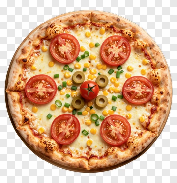 Pizza With Tomato Corn And Olive Toppings PNG