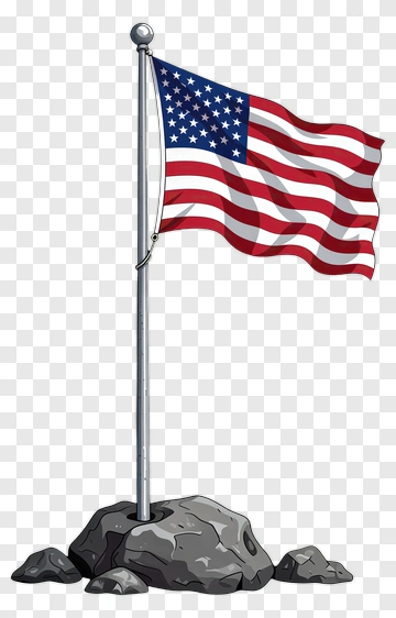 American Flag On Flagpole With Rock PNG