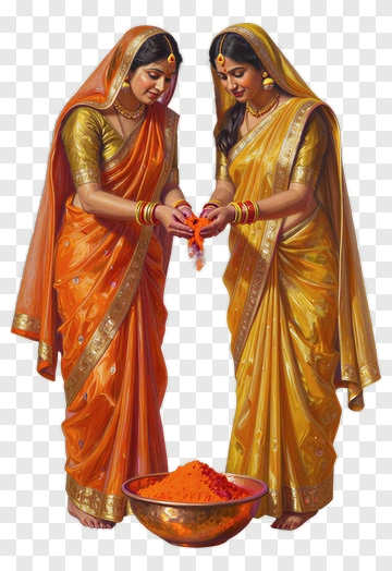 Two Women In Sari Sharing Powder PNG