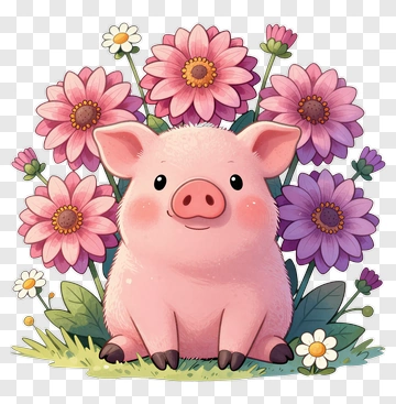 Cute Pig Among Flowers PNG